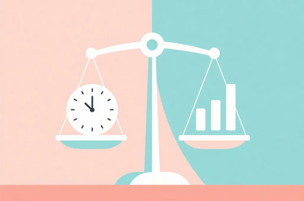 Abstract balancing scale with a simple clock on one side and a clean analytical chart on the other